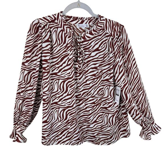 89th & Madison NWT Brown White Zebra Long Sleeve Lightweight Blouse Size M - Picture 1 of 7